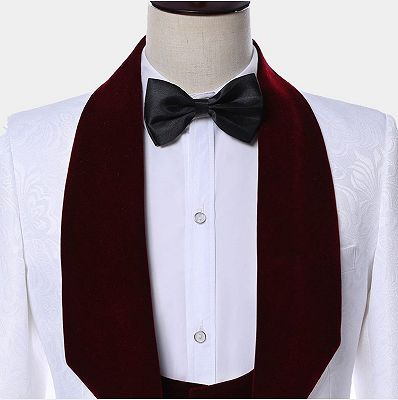 White Jacquard Men Suits with Burgundy Lapel | Floral Tuxedo | Allaboutsuit