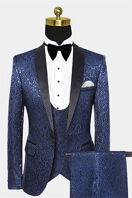 Navy Blue Damask Tuxedo | Modern Three Pieces Men Suits | Allaboutsuit