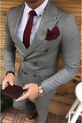 Black and White Bird Eye Double Breast Tuxedo | Fashion houndstooth Men Suits 2 Pieces