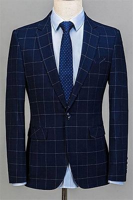 Navy Blue 3 Pieces Plaid Mens Suits | Slim Fit Notched Lapel Tuxedos ...